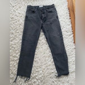 AGolde charcoal grey nico straight leg. Raw hem trimmed to ankle length